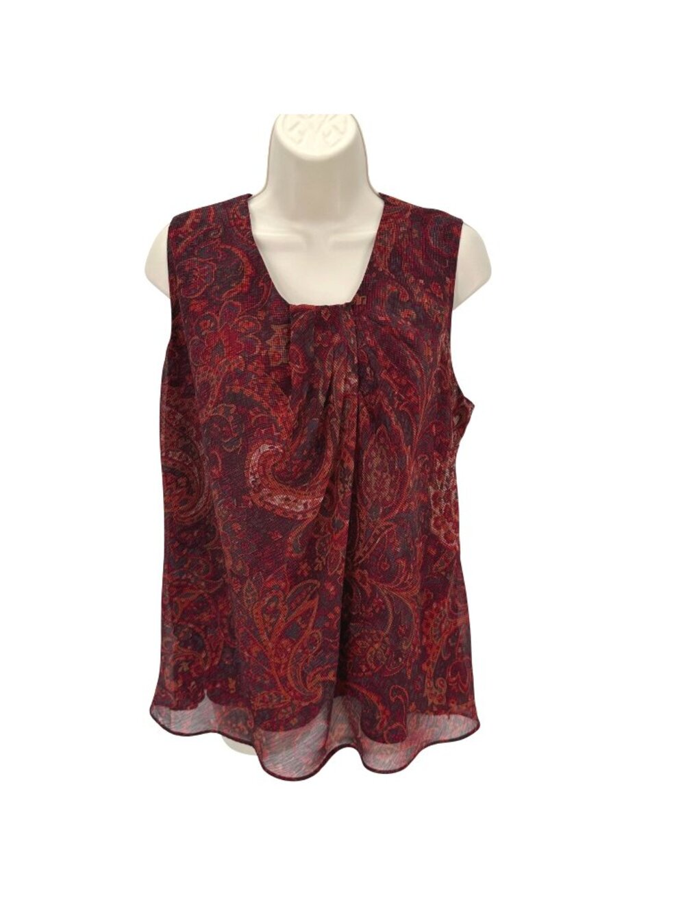 Coldwater Creek Womens Pleated Front Red Paisley Lined Sleeveless Blouse Sz PL